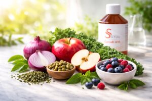 Bouteille de Curcu8-Q10 de la gamme S&You de Wake Up entourée d’aliments naturellement riches en quercétine pour soutenir l’équilibre face aux allergies saisonnières