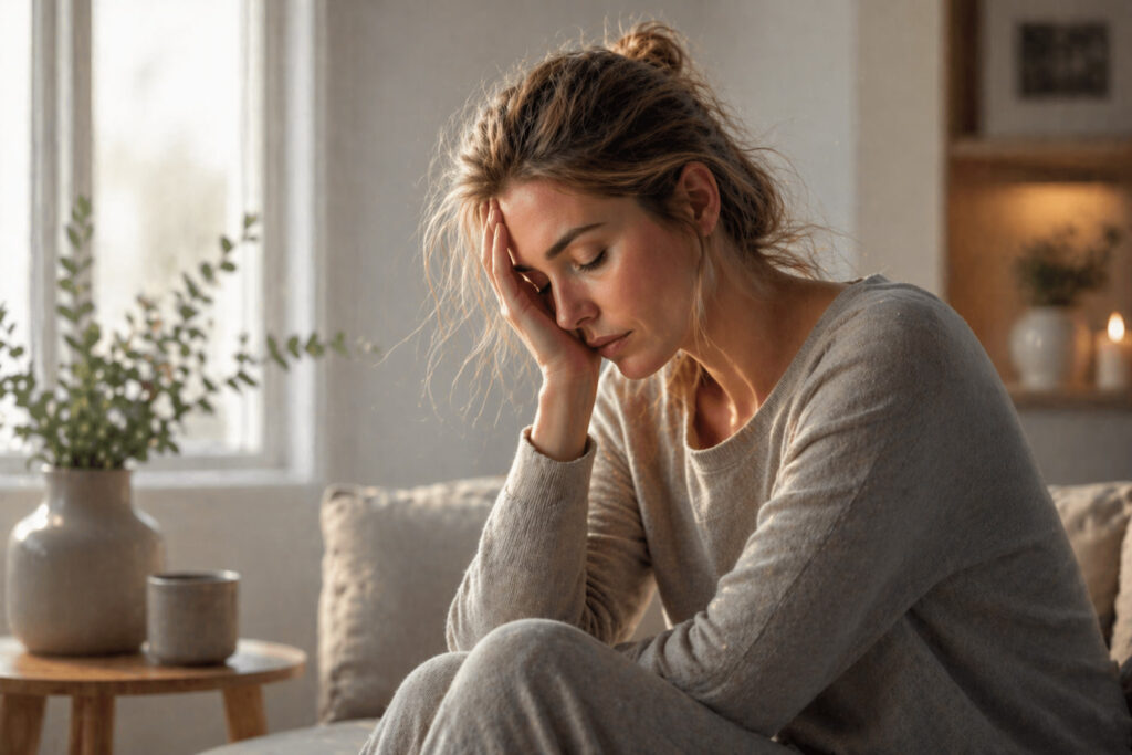Femme fatiguée assise sur son canapé en début de soirée, illustrant une fatigue persistante.