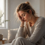 Femme fatiguée assise sur son canapé en début de soirée, illustrant une fatigue persistante.
