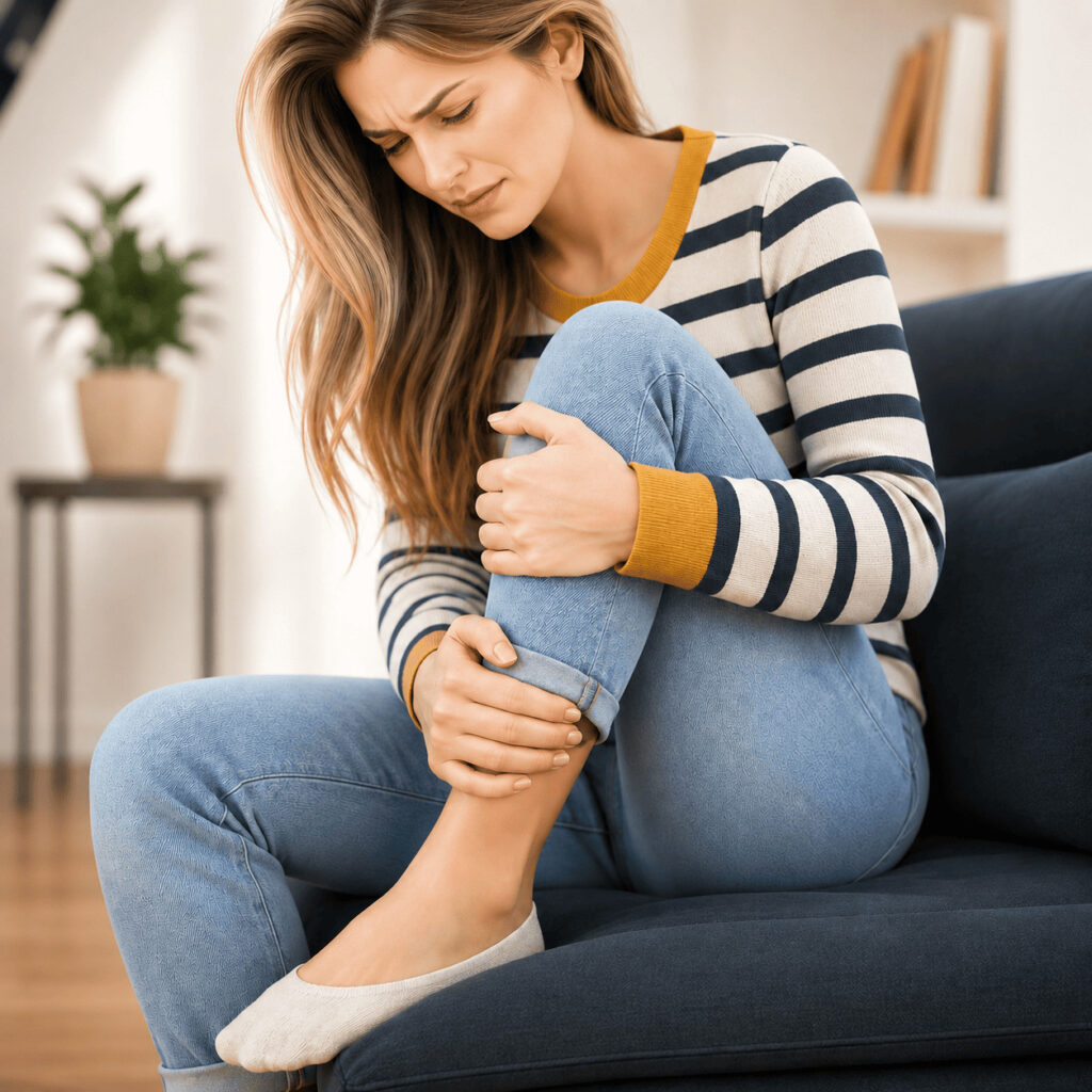 Femme assise sur un canapé tenant sa jambe douloureuse, évoquant des sensations de lourdeur liées à une mauvaise circulation sanguine.