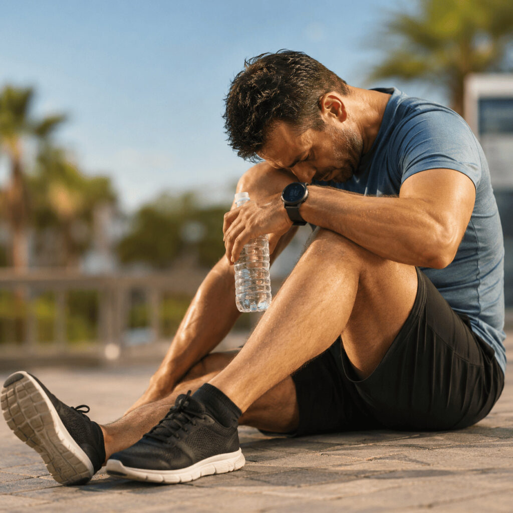 Homme assis au sol après un effort physique, fatigué et tenant une bouteille d’eau, illustrant une difficulté à récupérer pouvant être liée à une mauvaise circulation sanguine.