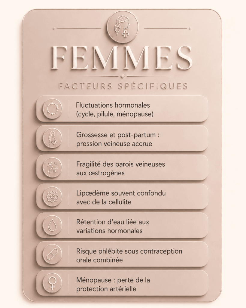 Infographie 3D élégante présentant les facteurs spécifiques aux femmes pouvant influencer la circulation sanguine : fluctuations hormonales, grossesse, œstrogènes, lipœdème, rétention d’eau, contraception orale et ménopause.