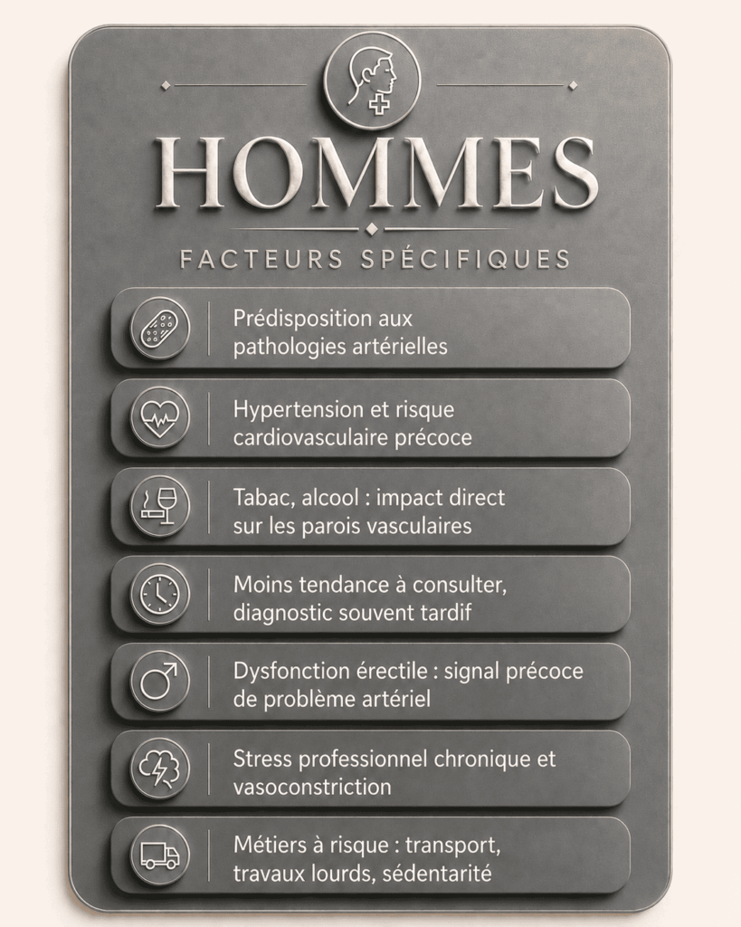 Infographie 3D premium présentant les facteurs spécifiques aux hommes pouvant influencer la circulation sanguine : prédisposition artérielle, hypertension, tabac, alcool, retard de diagnostic, dysfonction érectile, stress professionnel et métiers à risque.