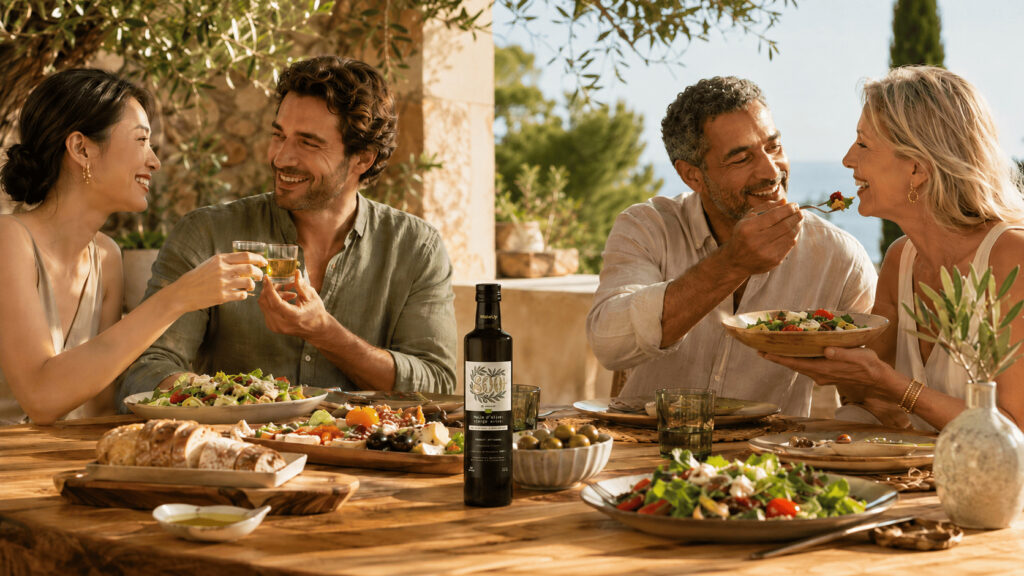 Moment convivial autour d’une table méditerranéenne avec huile d’olive bio 800+ Wake Up, salades fraîches et toast à l’huile d’olive en terrasse.