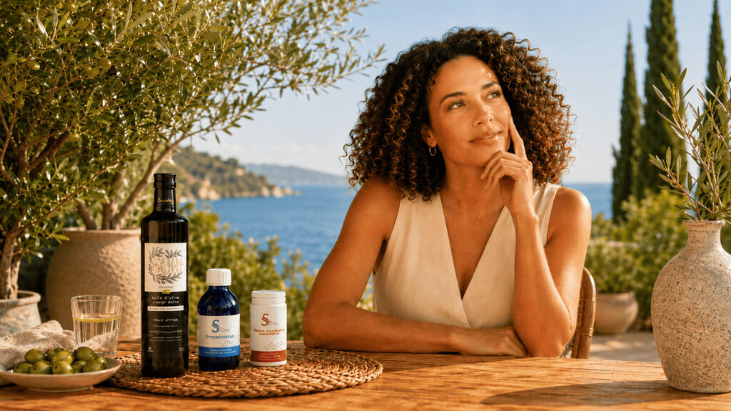 Femme réfléchissant au choix de compléments alimentaires pour prendre soin de sa circulation, avec huile d’olive 800+, phycocyanine et oméga-3 sur une terrasse face à la mer.