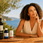 Femme réfléchissant au choix de compléments alimentaires pour prendre soin de sa circulation, avec huile d’olive 800+, phycocyanine et oméga-3 sur une terrasse face à la mer.