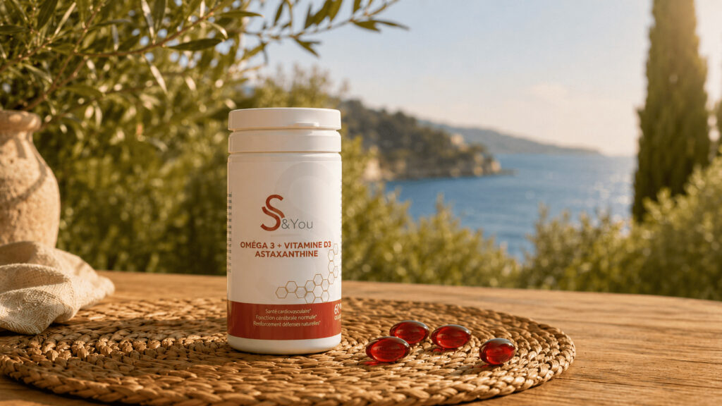 Formule Oméga-3 S&You de Wake Up à base d’huile de Calanus, d’astaxanthine et de vitamine D3, présentée comme solution naturelle de l’été.