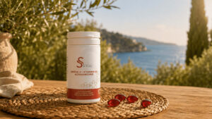 Formule Oméga-3 S&You de Wake Up à base d’huile de Calanus, d’astaxanthine et de vitamine D3, présentée comme solution naturelle de l’été.