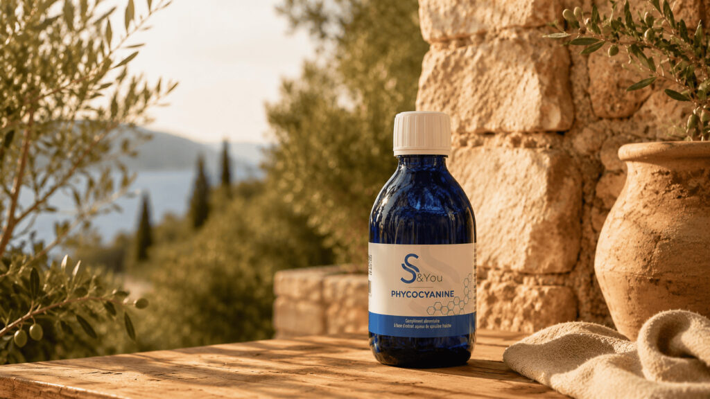 Flacon de phycocyanine S&You présenté sur une terrasse méditerranéenne, avec oliviers, mur en pierre et lumière naturelle chaleureuse.