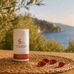 Flacon Oméga 3, vitamine D3 et astaxanthine S&You sur une table en bois, avec gélules rouges et ambiance méditerranéenne face à la mer.
