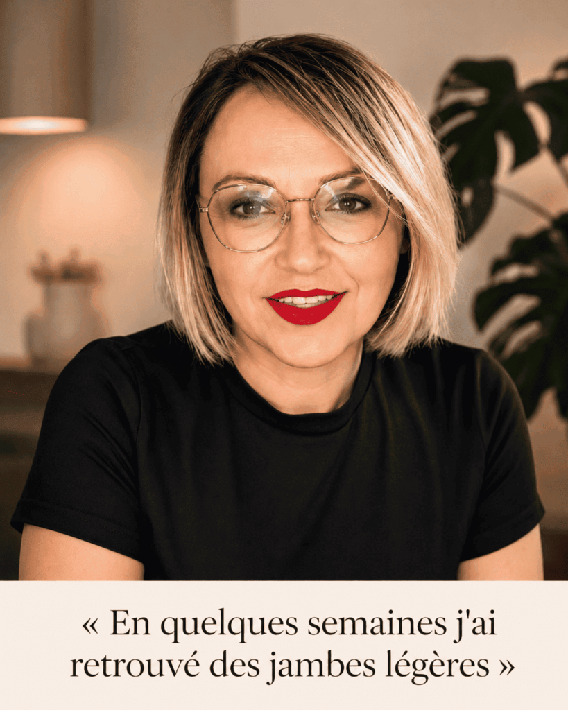 Portrait d’Anne-Laure, 48 ans, témoignant de son amélioration de la rétention d’eau et de jambes plus légères en quelques semaines.