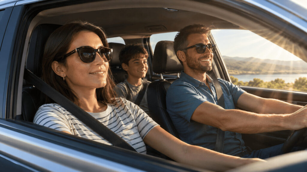 Famille en voiture exposée au soleil à travers la vitre, illustrant l’impact possible des UVA sur la peau même pendant un trajet.