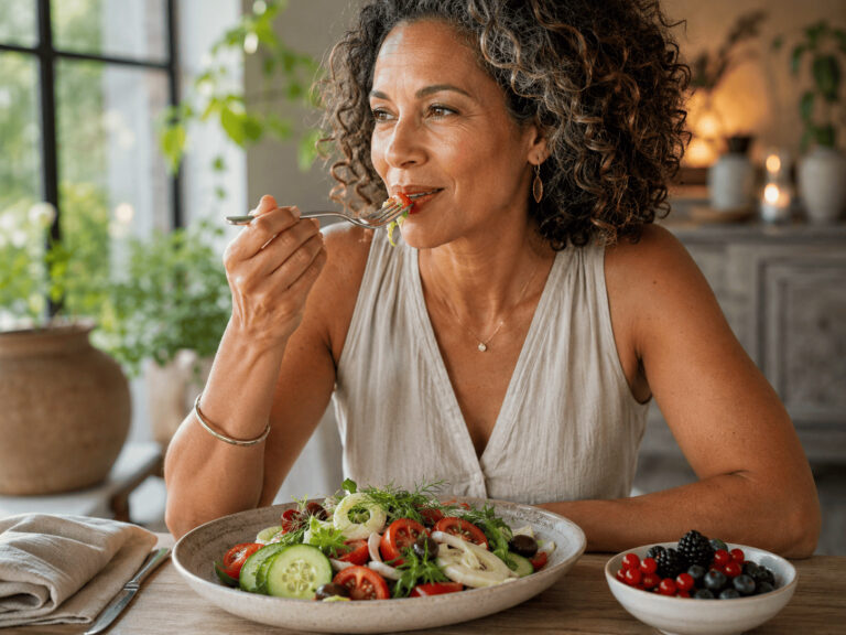 Femme de 50 ans mangeant une salade méditerranéenne au concombre, fenouil et tomates, accompagnée de fruits rouges.