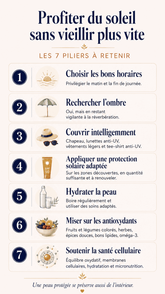 Infographie présentant les 7 piliers pour profiter du soleil sans accélérer le vieillissement cutané : horaires, ombre, vêtements, protection solaire, hydratation, antioxydants et santé cellulaire.
