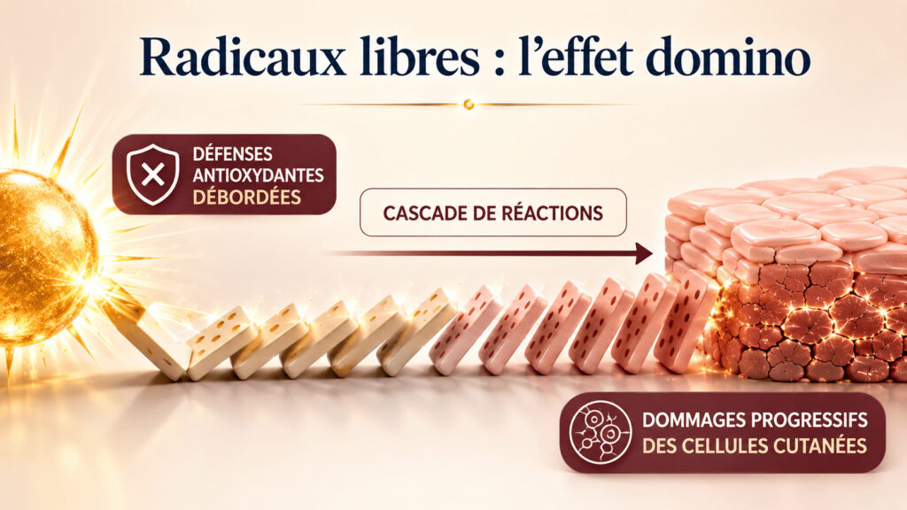 Infographie montrant l’effet domino des radicaux libres : le soleil déclenche une cascade de réactions lorsque les défenses antioxydantes sont débordées, entraînant des dommages progressifs sur les cellules cutanées.