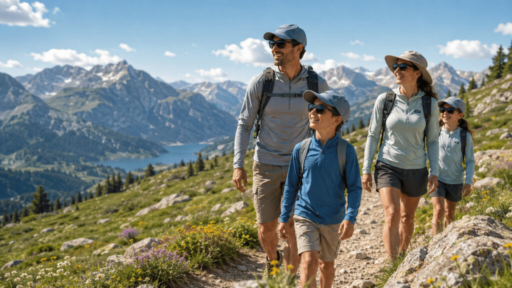 Famille en randonnée estivale en montagne, portant lunettes de soleil, casquettes et vêtements anti-UV pour se protéger du soleil.