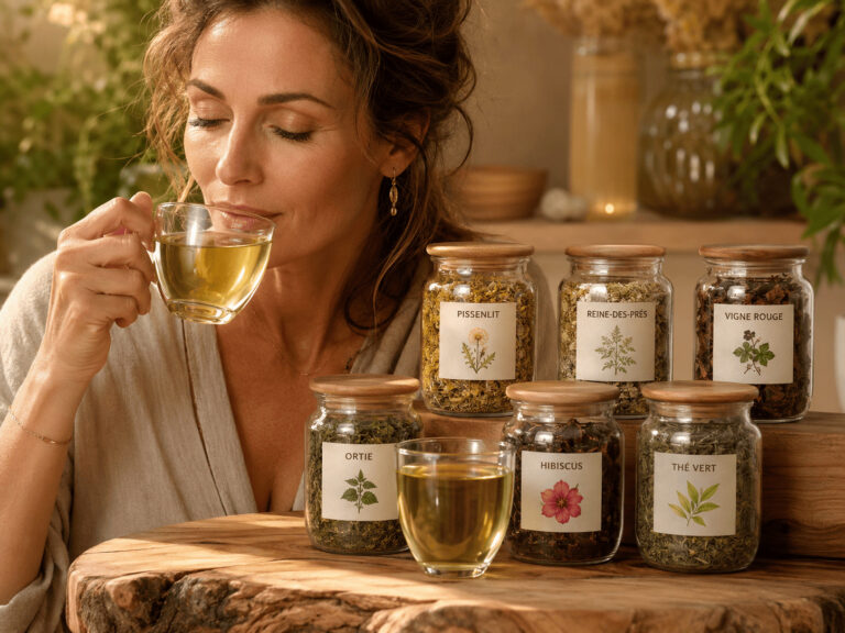 Femme buvant une infusion de thé vert près de bocaux de plantes drainantes : pissenlit, reine-des-prés, vigne rouge, ortie et hibiscus.