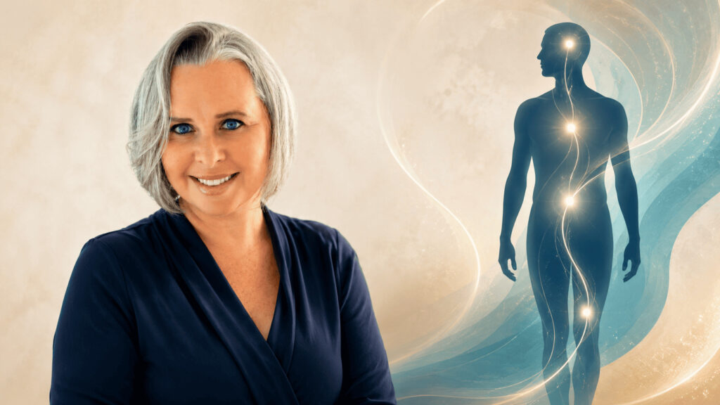 Alexandra Moricet naturopathe, formée en santé intégrative, face à une silhouette évoquant la circulation sanguine et la vitalité