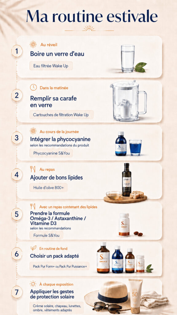 Infographie Ma routine estivale avec 7 gestes simples pour prendre soin de son hydratation, de ses apports nutritionnels et de sa protection solaire au quotidien.