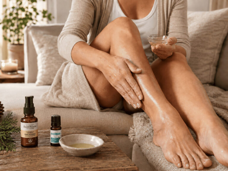 Femme appliquant un mélange d’huile végétale de macadamia et d’huile essentielle de cyprès bio sur ses jambes pour accompagner un rituel naturel contre la rétention d’eau.