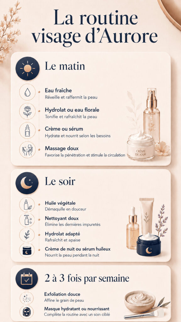 Infographie présentant la routine soin du visage d’Aurore, avec les gestes essentiels à adopter le matin, le soir et deux à trois fois par semaine.