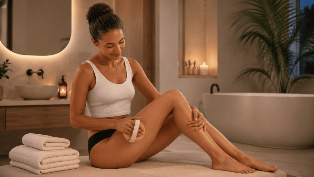 Femme réalisant un brossage à sec sur sa jambe dans une salle de bain élégante et chaleureuse.