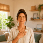 Femme les yeux fermés, la main sur le cœur, prenant trois respirations profondes dans son salon.