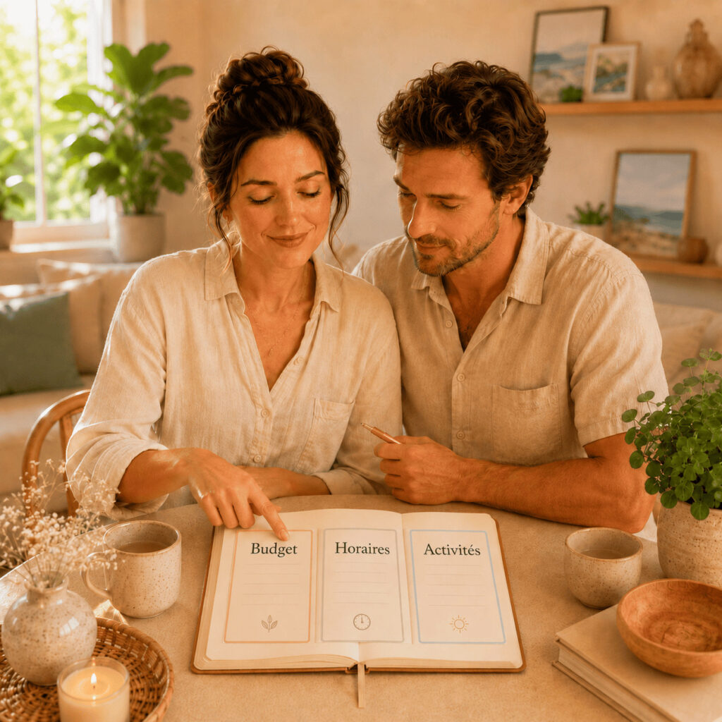 Couple organisant ensemble le budget, les horaires et les activités de leurs vacances en famille.