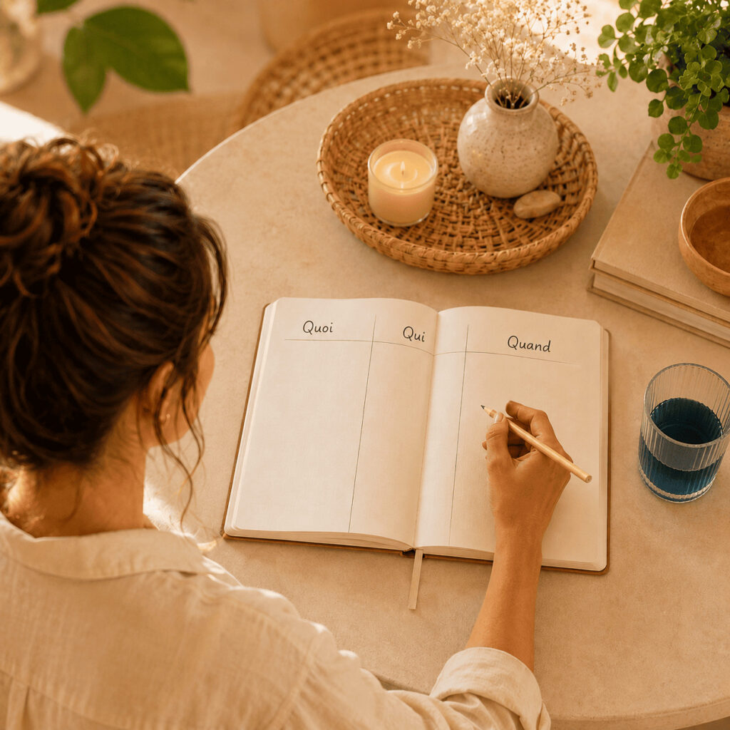 Femme organisant les vacances avec une to-do list familiale en trois colonnes : quoi, qui et quand