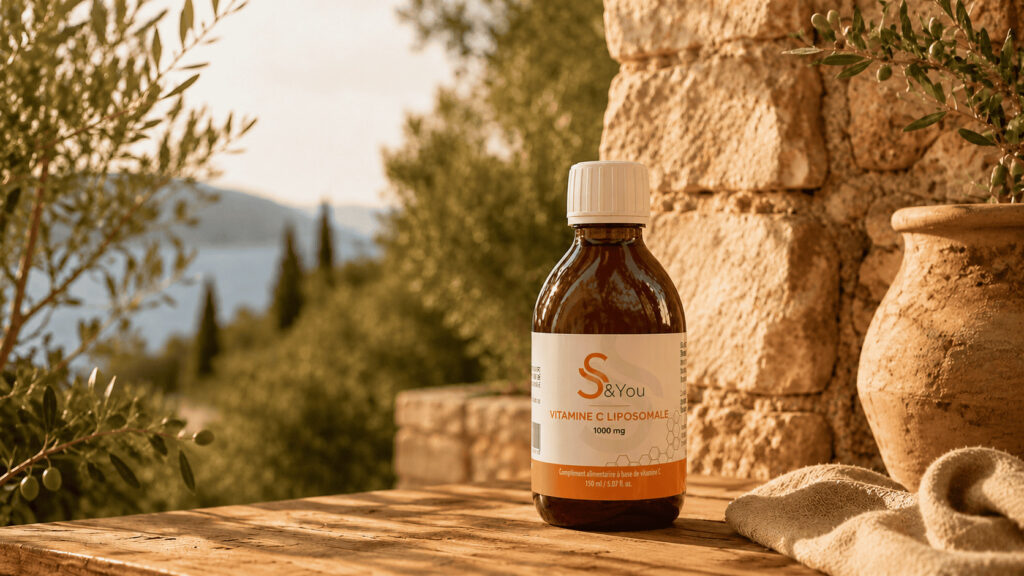 Flacon de vitamine C liposomale S&You posé sur une table en bois, dans une ambiance méditerranéenne ensoleillée.