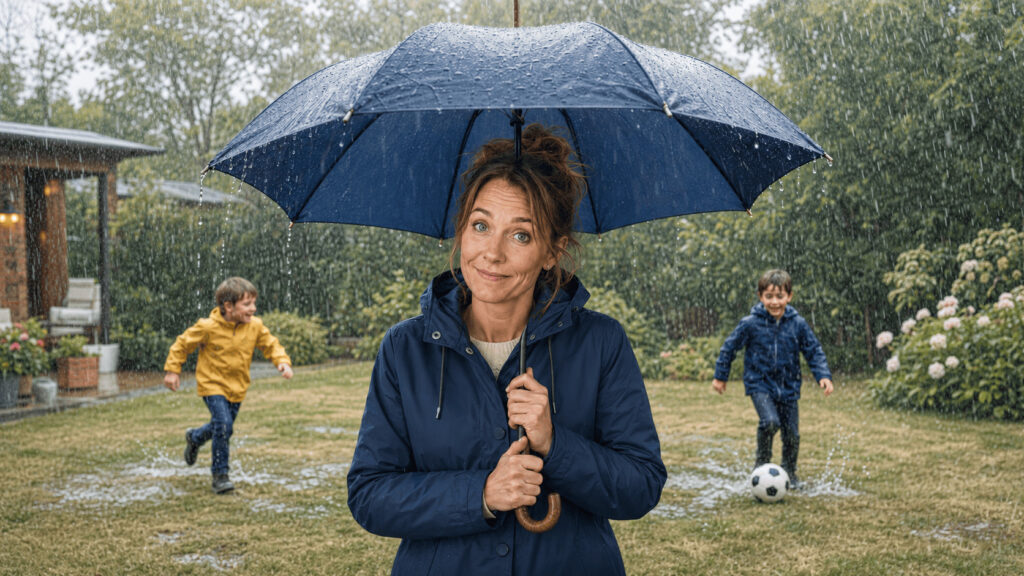 Femme sous un parapluie regardant ses enfants jouer au football pendant une averse estivale en vacances.