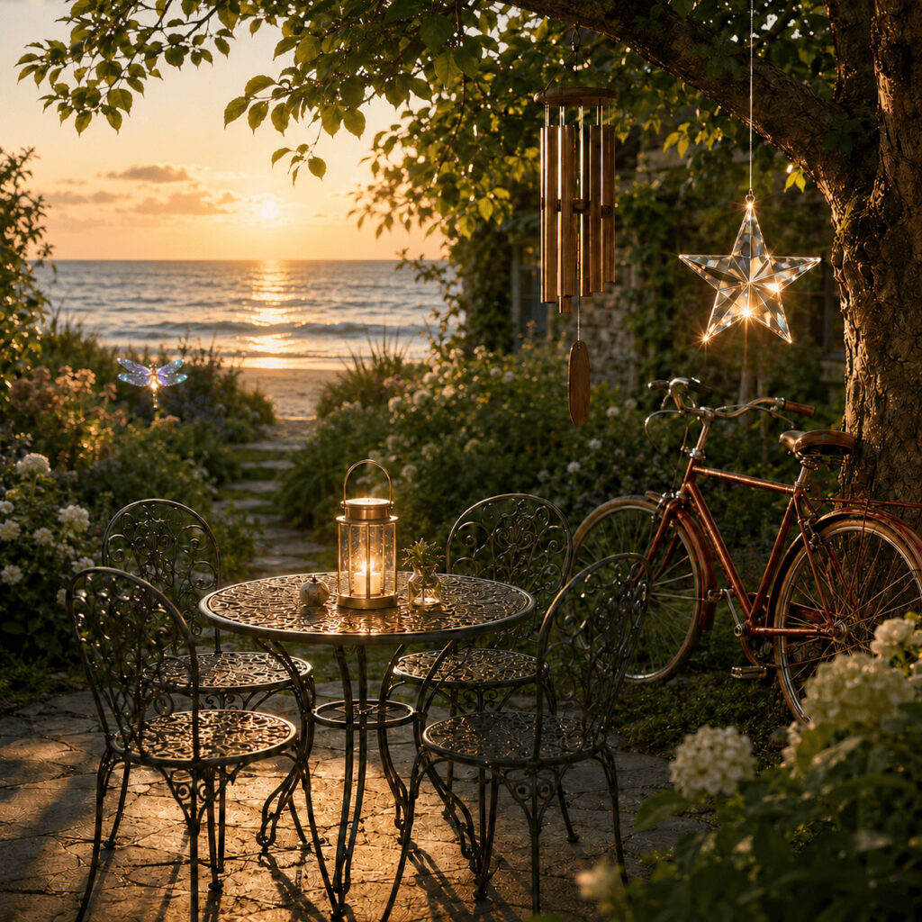 Jardin en bord de mer avec une lanterne sur une table, une étoile en cristal et une libellule solaire lumineuse.