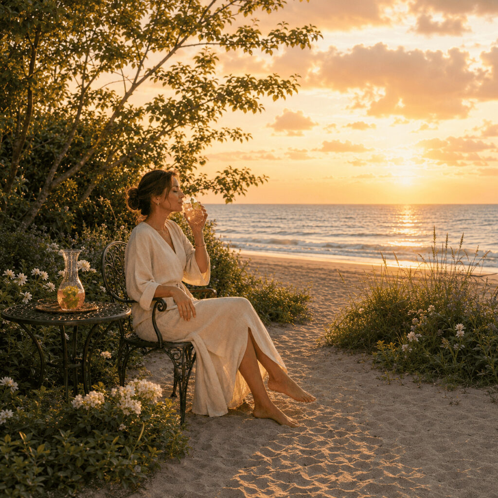Femme assise face à la mer, les pieds nus dans le sable, savourant un cocktail sans alcool au soleil couchant.