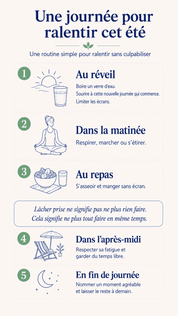 Infographie « Une journée pour ralentir cet été » présentant cinq moments simples pour lâcher prise : au réveil, dans la matinée, pendant le repas, dans l’après-midi et en fin de journée.