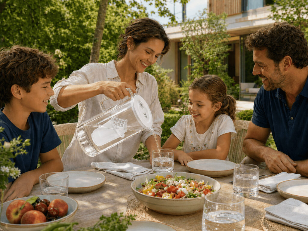 Une mère sert de l’eau filtrée avec la carafe en verre Wake Up Water à sa fille, lors d’un repas familial convivial dans le jardin.