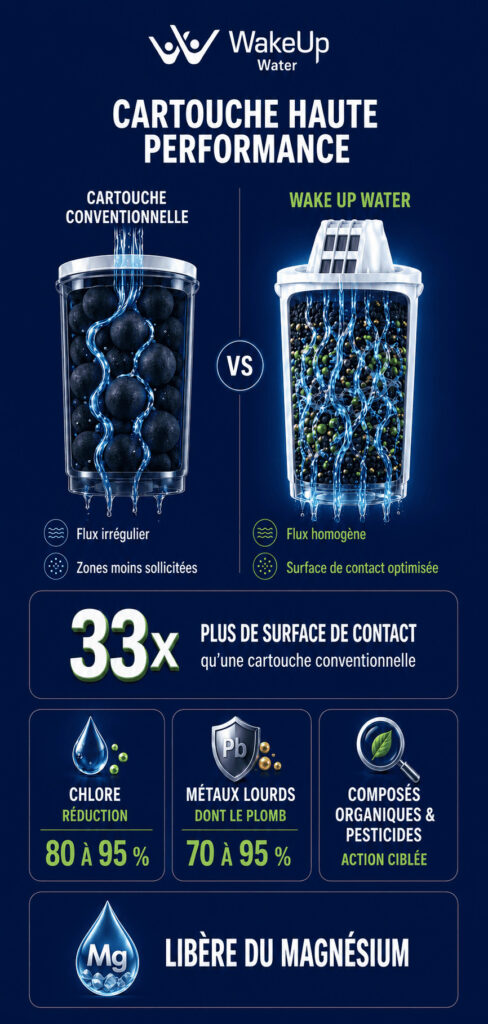 Comparaison entre une cartouche conventionnelle et la cartouche Wake Up Water, dont la surface de contact est 33 fois supérieure.