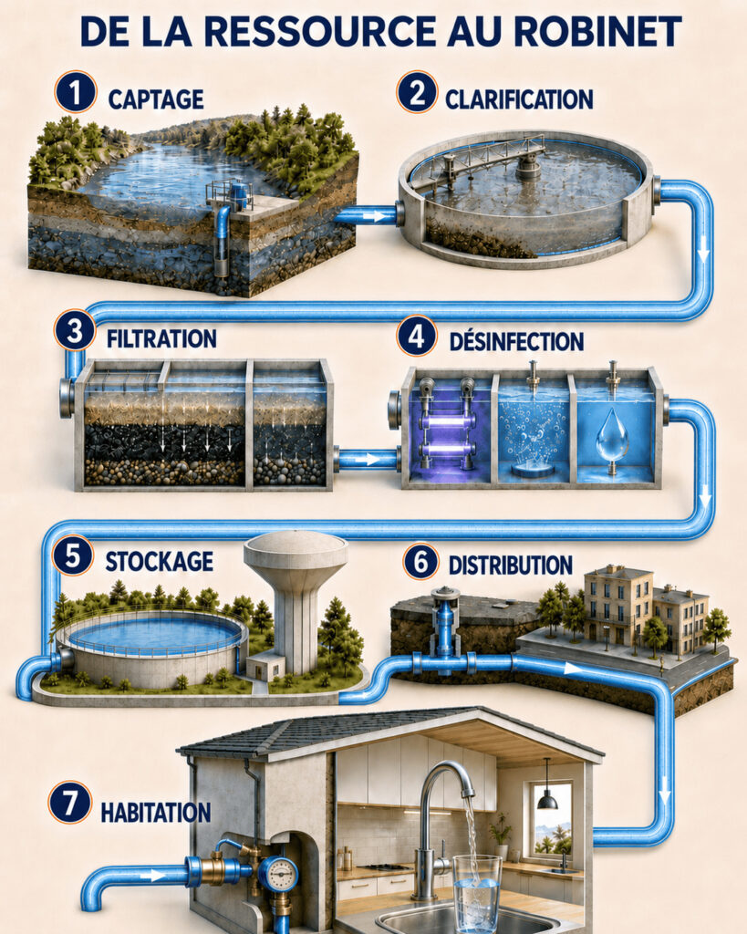 Les sept étapes du parcours de l’eau potable, du captage dans la ressource naturelle jusqu’au robinet de l’habitation.