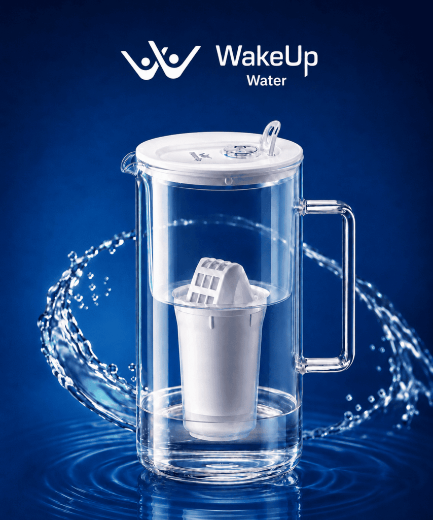 Carafe filtrante en verre Wake Up Water avec cartouche haute performance, présentée dans un décor bleu avec un mouvement d’eau.