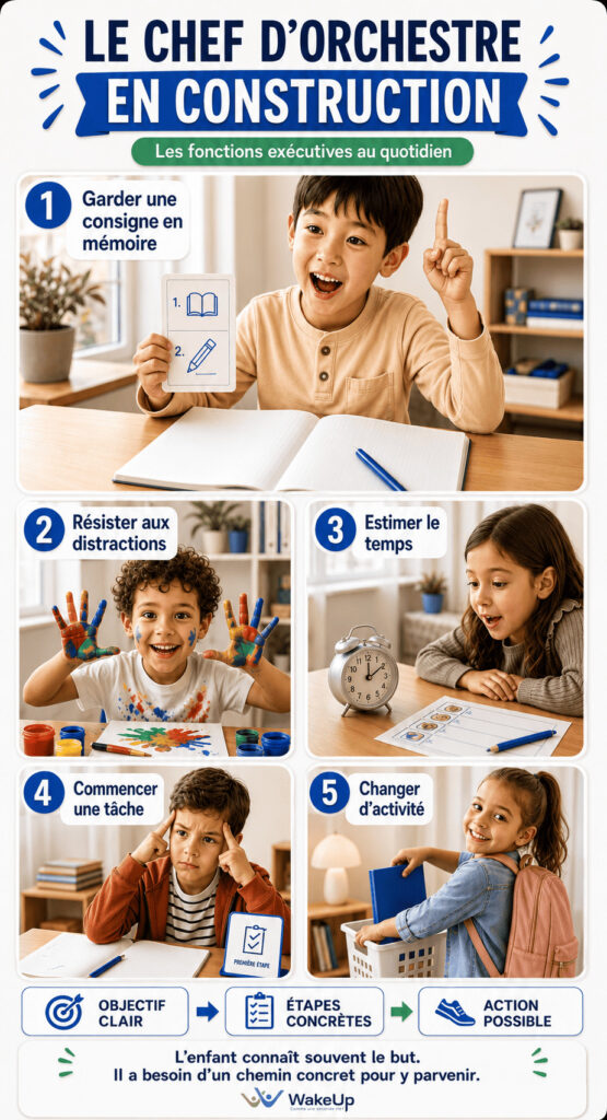 Infographie sur les fonctions exécutives de l’enfant : mémoire, distractions, gestion du temps, démarrage d’une tâche et changement d’activité.