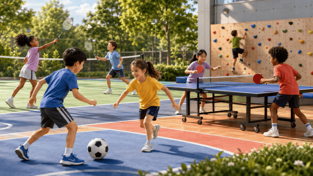 Enfants de 5 à 10 ans pratiquant des activités physiques variées : jeu de ballon, badminton et tennis de table