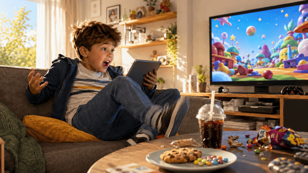 Enfant de 8 à 9 ans regardant une tablette devant un dessin animé, entouré de sucreries et d’une boisson sucrée.