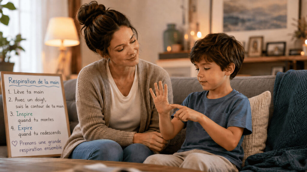 Maman accompagnant son enfant dans un exercice de respiration de la main pour retrouver calme et détente.