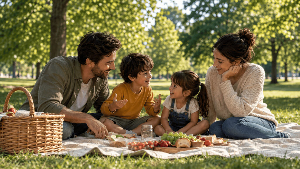Parents partageant un pique-nique dans un parc avec leurs deux enfants, dans un moment de complicité et de joie en famille.