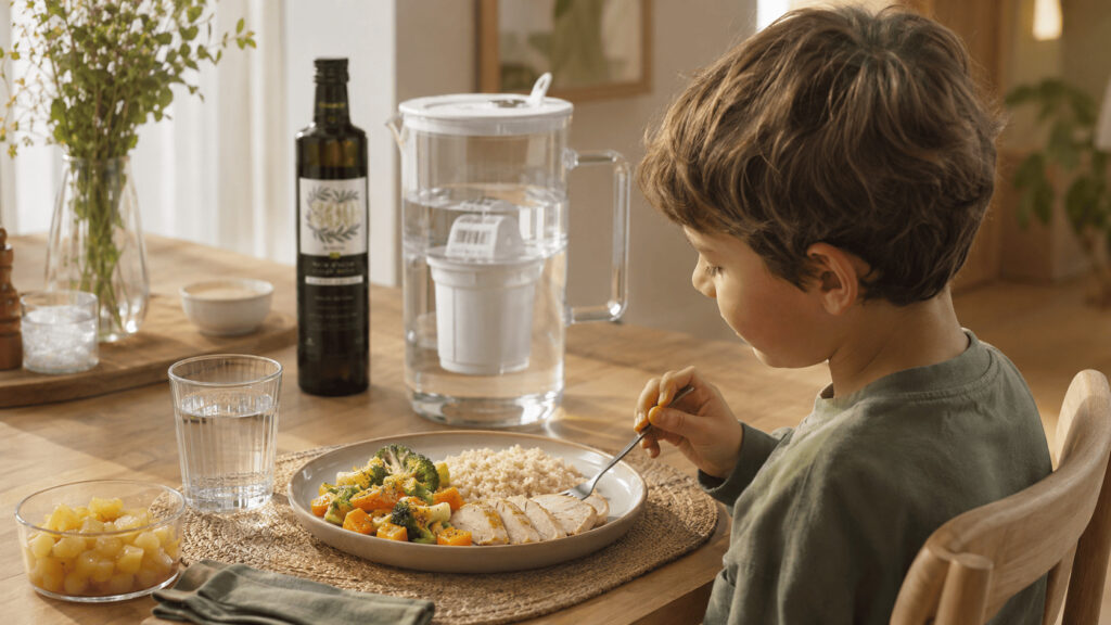 Enfant prenant un déjeuner équilibré avec légumes, poulet, riz semi-complet, compote de pommes et eau