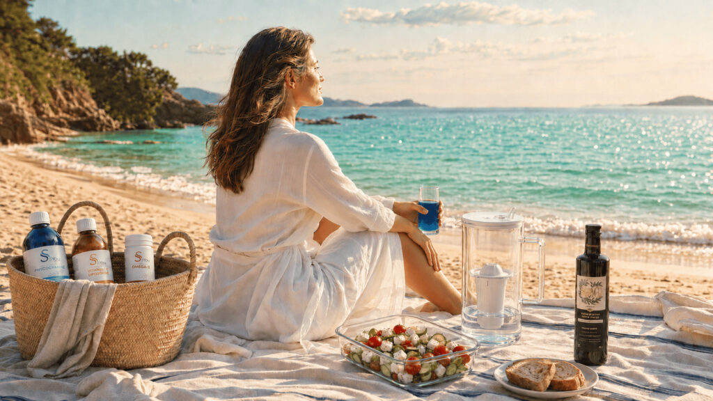 Femme face à la mer lors d’un pique-nique estival, entourée des solutions naturelles Wake Up pour prendre soin de soi et retrouver son équilibre.