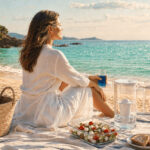 Femme face à la mer lors d’un pique-nique estival, entourée des solutions naturelles Wake Up pour prendre soin de soi et retrouver son équilibre.