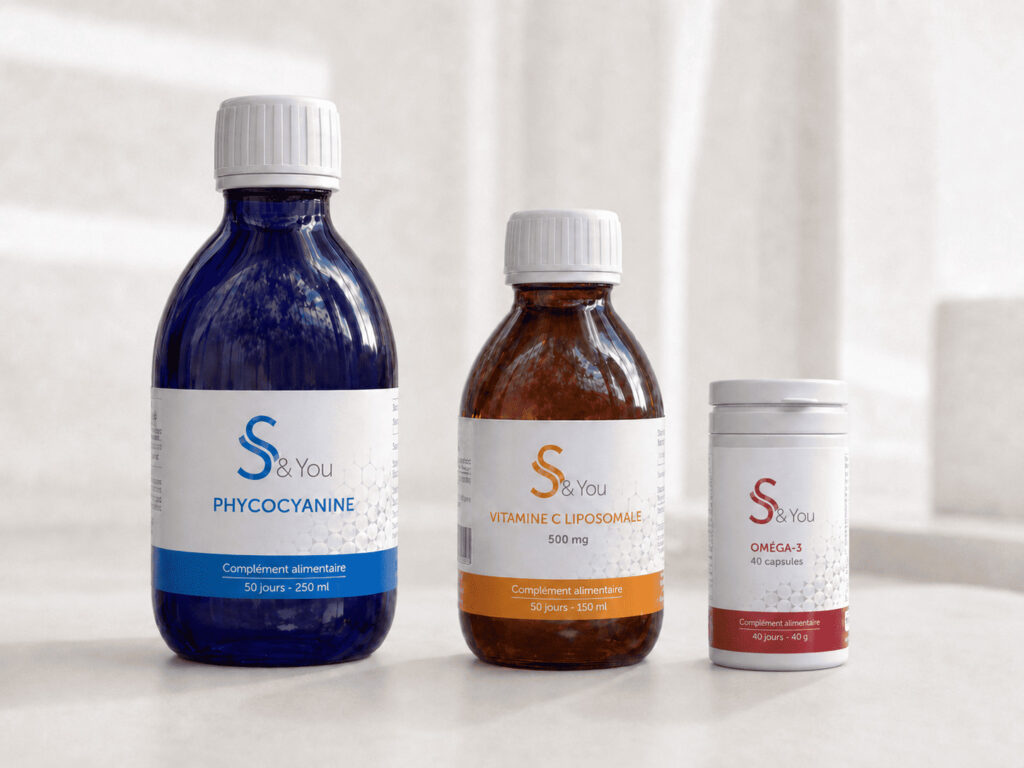 Pack Pur Form S&You de Wake Up réunissant la phycocyanine, la vitamine C liposomale et une formule Oméga-3 avec astaxanthine et vitamine D3.