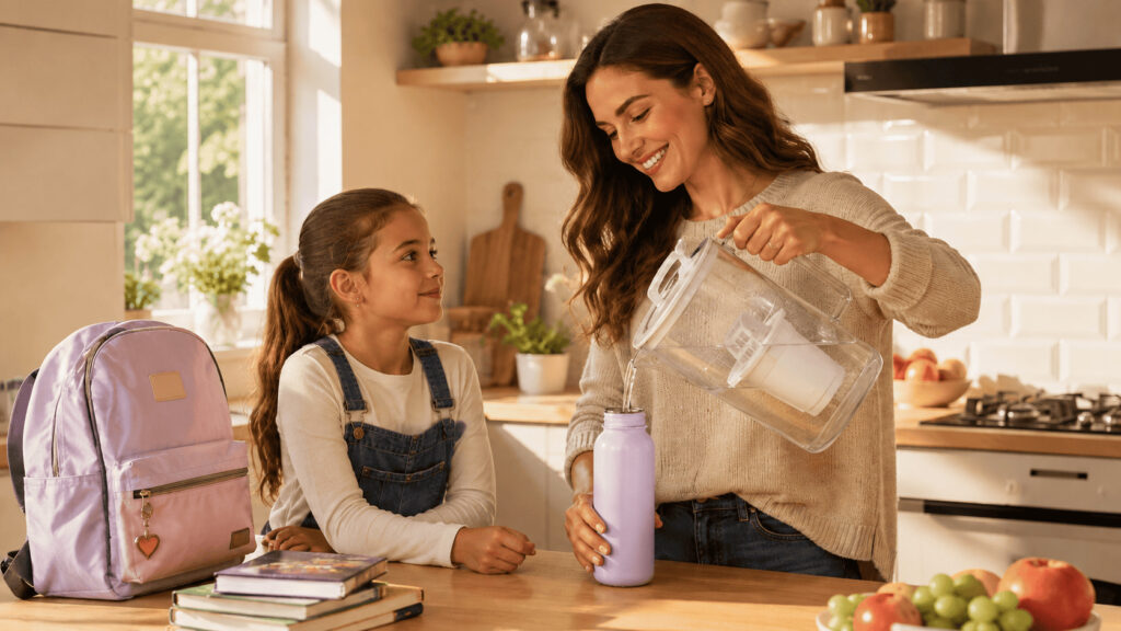 Maman remplissant la gourde de sa fille avec la carafe filtrante Wake Up Water dans une cuisine lumineuse avant l’école.