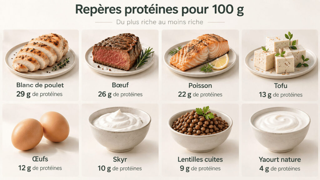Tableau des protéines pour 100 g : blanc de poulet, bœuf, poisson, tofu, œufs, skyr, lentilles cuites et yaourt nature.