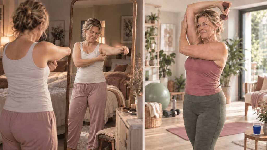Une femme observe la peau sous son bras dans un miroir, puis réalise un exercice pour les triceps ; un verre de phycocyanine est posé près d’elle.